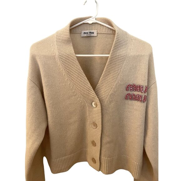 Miu Miu Womens Beige Knit Wool Button-Up Cardigan With Crystal Embellished Logo - Picture 1 of 10
